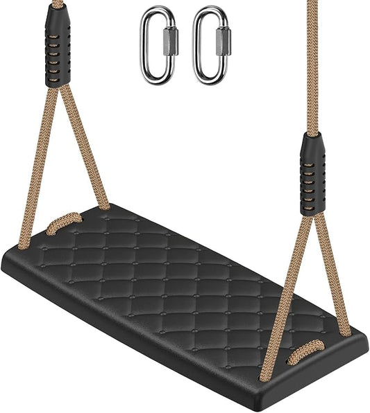 SELEWARE Heavy Duty Swing Seat with Adjustable Rope, 300lbs Capacity Non-Slip Plastic Tree Swing for Kids, Playground Swing Set Accessories Replacement with Snap Hooks for Indoor Outdoor Use (Black)