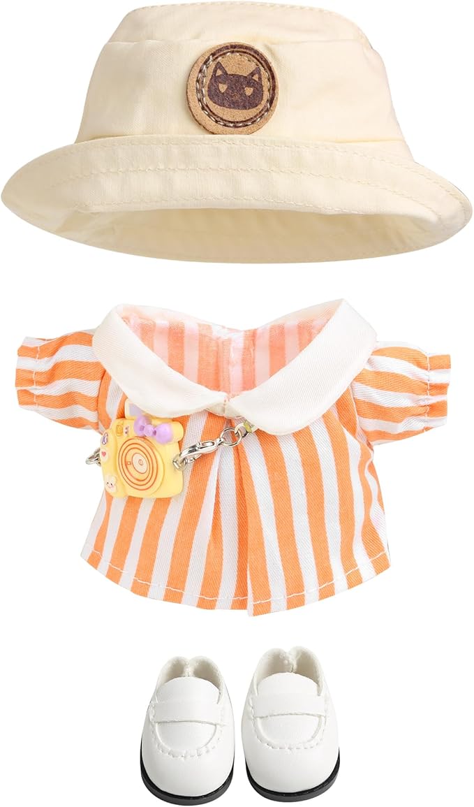 17cm Doll Clothes for Labubu - Kawaii Clown Style Set - Doll's Hat & Doll's Clothing & Doll's Shoes & Camera, Cute Doll Outfit with Accessories for Display, Collectors, Gift - Orange (NO Dolls)