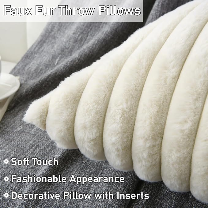 Decorative Throw Pillow with Inserts, Set of 2 Soft Faux Fur Throw Pillows, Square Boho Striped Pillow for Couch, Bed, Sofa Decor(Beige, 18" x 18")