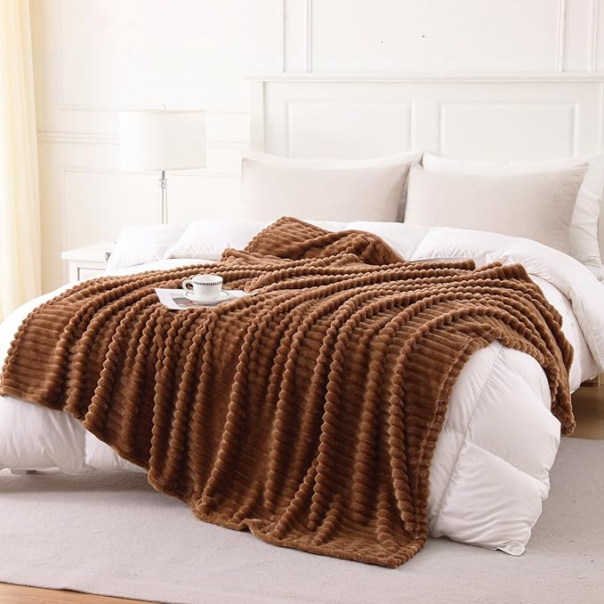 Brown Fleece Throw Blanket for Couch Sofa 50”x60”with Striped Design | Fleece Blankets Room Home Decor Lightweight Plush Soft Cozy Gifts for Women Mom