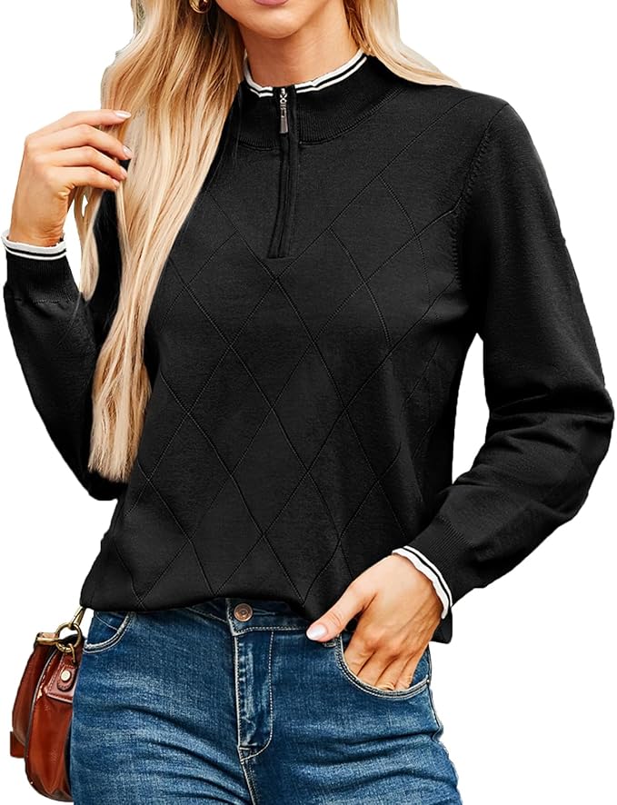 JACK SMITH Quarter Zip Pullover Sweaters for Womens, Rib Polo Sweater Tops | V Neck,Knit,Long Sleeve,Argyle,Open Pattern,Callar,Lightweight,Fashion,Golf Work Business Daily Wear Versatile Pullover Shirt
