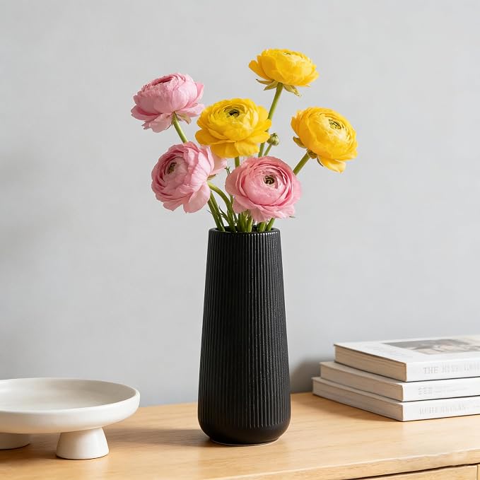 7.8''H Ceramic Vase, Pampas Grass Vase, Ribbed Modern Decor, Matte Black | Nordic Minimalist Flower Vase, Black Home Office Decor Vases, For Living Room, Dining Table, Bedroom, Kitchen Shelf