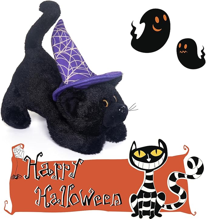 My OLi Halloween Black Cat Plush Toy with Creepy Voice - Cute Lying Cat with Witch Hat - Spooky Halloween Stuffed Animal for Kids, Toddlers for Trick-or-Treaters