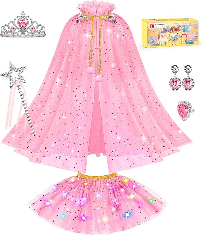 Light up Princess Dress up Clothes for Little Girl, Unicorn Princess Cape Princess Dresses Crown Toy for 3 4 5 6 Girls