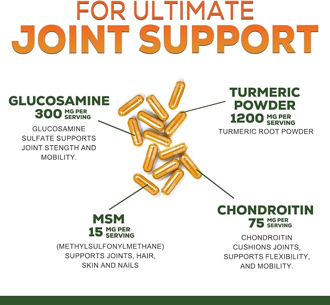 Turmeric Curcumin Supplement - 95% Curcuminoids with Glucosamine, Ginger & MSM, BioPerine Black Pepper Extract for Best Absorption, Natural Vegan Joint Support, Non-GMO, Bottled in USA - 60 Capsules