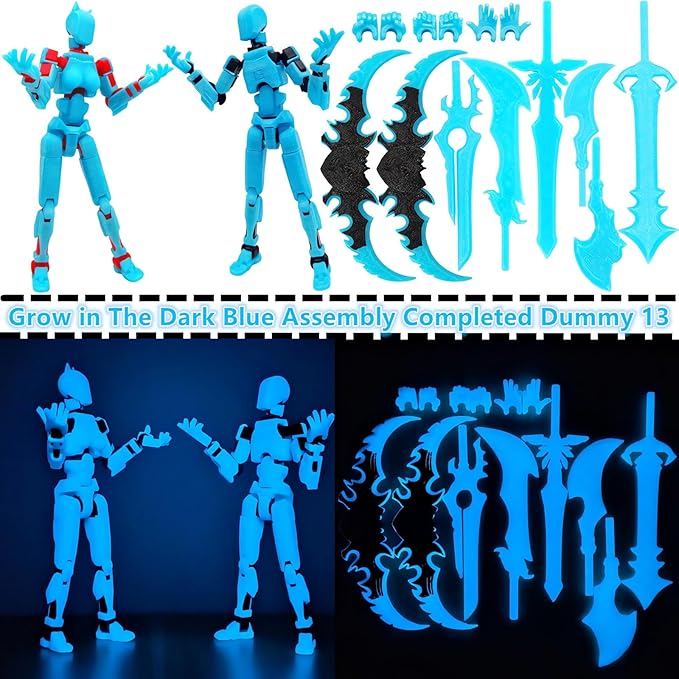 T13 Action Figures (Grow in The Dark Blue) Titan 13 Action Figures 3D Action Figure Set Already Assembled Dummy 13 Nova T-13 Robot 3D Printed Multi-Jointed Movable Toy (Blue Black+ Blue Red)