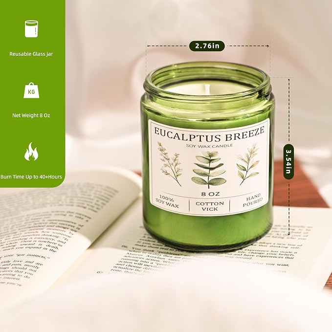 Eucalyptus & Mint Candles for Home Scented, 40 Hours Burn Soy Candle Gift for Women Stress Relief, Meditation, Yoga, Relaxing, Natural Soy Wax for Men and Women, 8oz