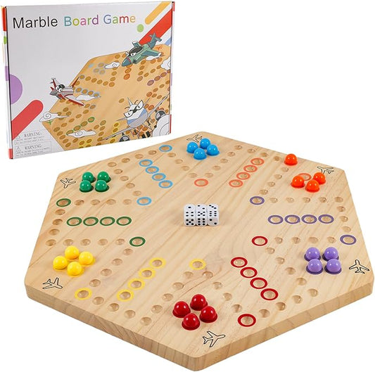 Large Size 20 inches Wood Wahoo Marble Board Game 2 Sided 4-6 Player for Friends and Family Party,Classic Stragecy Trouble Game with 6 Dices,24 Marbles