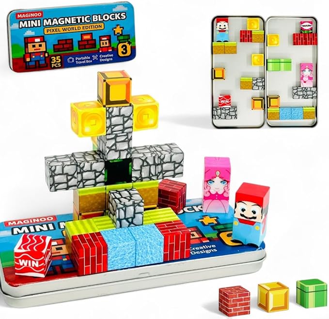 35PCS Pixel World Edition Mini Magnetic Blocks – Creative 3D Building Cubes, STEM Travel Toy in Magnet Box, Compact Magnetic Toy for On-The-Go Play, Gift for Kids Ages 3–8, Boys & Girls
