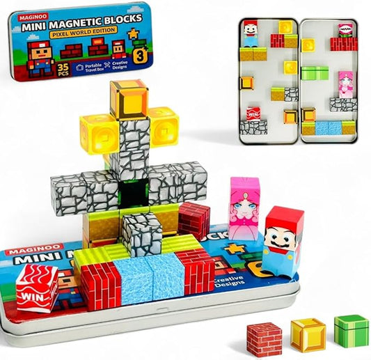 35PCS Pixel World Edition Mini Magnetic Blocks – Creative 3D Building Cubes, STEM Travel Toy in Magnet Box, Compact Magnetic Toy for On-The-Go Play, Gift for Kids Ages 3–8, Boys & Girls