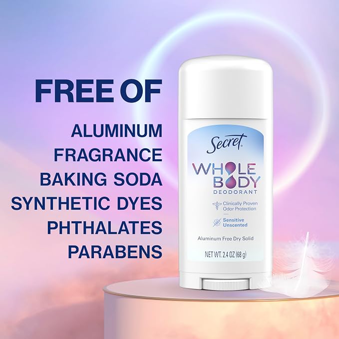 Secret Whole Body Deodorant Stick for Women, Naturally Derived Ingredients, Unscented, Aluminum Free Deoderant Stick, 72 HR Odor Protection, 2.4 oz