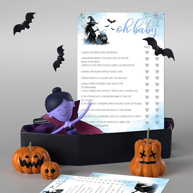 Hilarious Baby Shower Games, 25 Sets Halloween Oh Baby True or False + Answer Card, Blue Witch Gender Reveal Game Cards for Party Announcement Supplies - B06