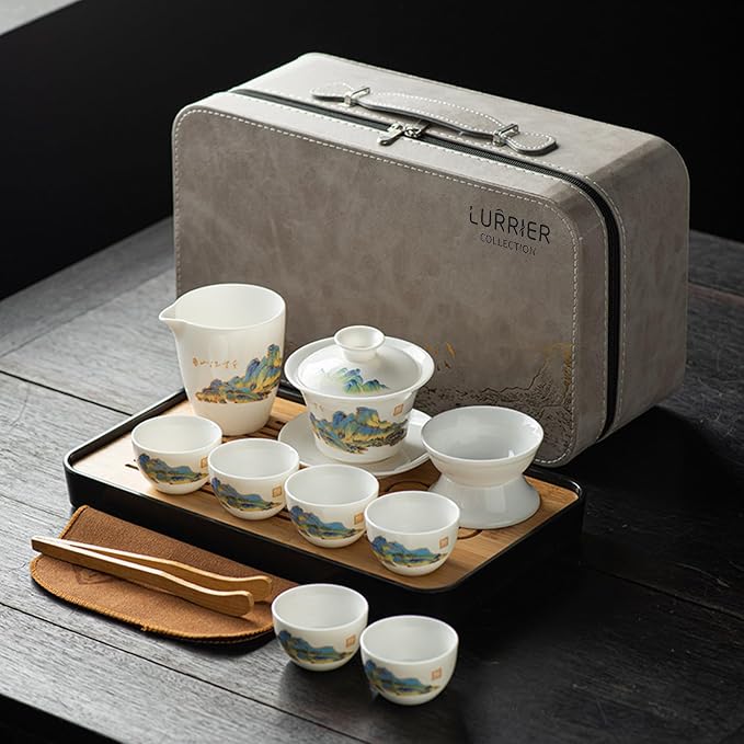 LURRIER Gongfu tea sets, Portable Ceramic TeaSet, Asian Tea sets for adult, Tea Gift sets, Grey leather case, Portable Travel Bag,Home,Gifting,Outdoor and Office(White Jade Thouand Mile and Mountain)