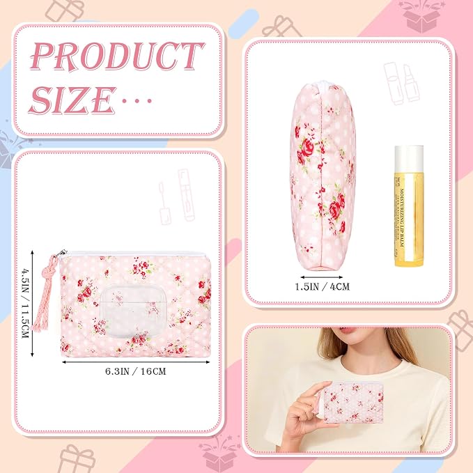 Quilted Mini Cotton Makeup Bag, Small Floral Cosmetic Bag for Purse, Portable XS Travel Makeup Pouch for Daily Use, Travel (Green+Pink Floral)