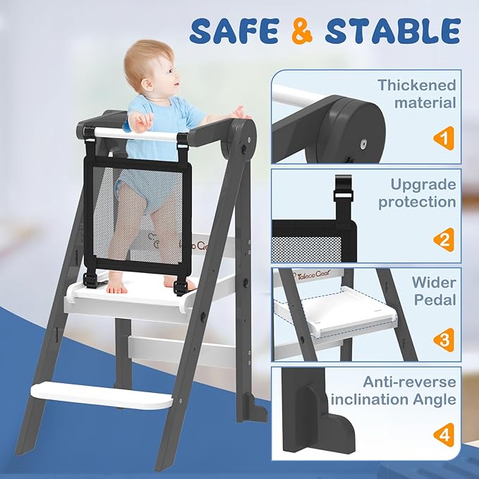 Foldable Toddler Tower, Toddler Kitchen Stool Helper with Safety Net, Wooden Kitchen Step Stool for Toddlers with Adjustable Height, Standing Tower for Learning and Cooking(Blue)
