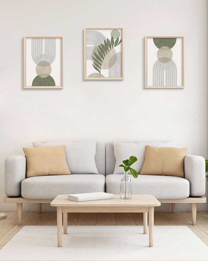 Boho Sage Green Framed Wall Art, Abstract Canvas Prints | 12x16IN Set of 3,High Framed Design Canvas Prints,Minimalist Green Abstract Wall Decor for Living Room Bedroom Gallery Office