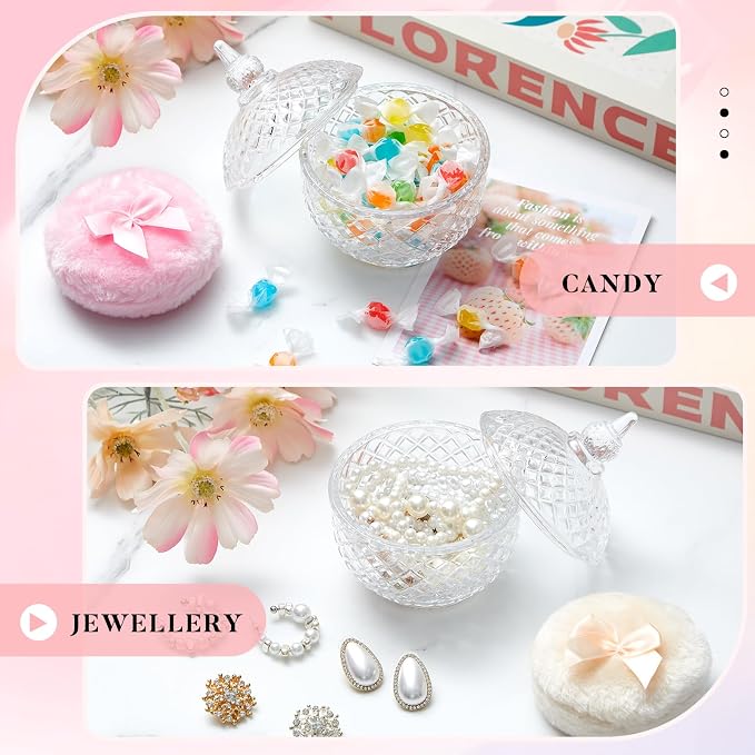 Tioncy 3 Pcs Large Body Powder Puff and Container Birthday Gift for Women, Soft Velour Face Body Glitter Puff with Crystal Glass Case, Wet Dry Makeup, Washable Reusable (multi-faceted Cut, Clear)