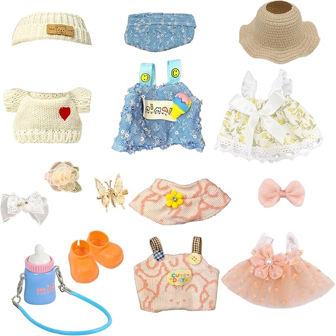 5 Outfits for 17cm Dolls (No Doll) – Stylish Mini Doll Clothes Set with Shoes, Hats, Bags & Bows – Cute Dress-Up Fashion Gift for Girls (B1, 5)