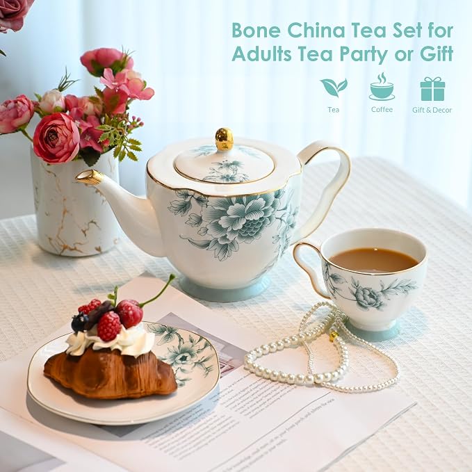ACMLIFE Tea Set for Adults, Blue and White Bone China Porcelain Tea Set for 6, Vintage Floral Tea Cup Set With Teapot, Tea Party Sets for Women Gift, Mother's Day (Blue-Leaf)