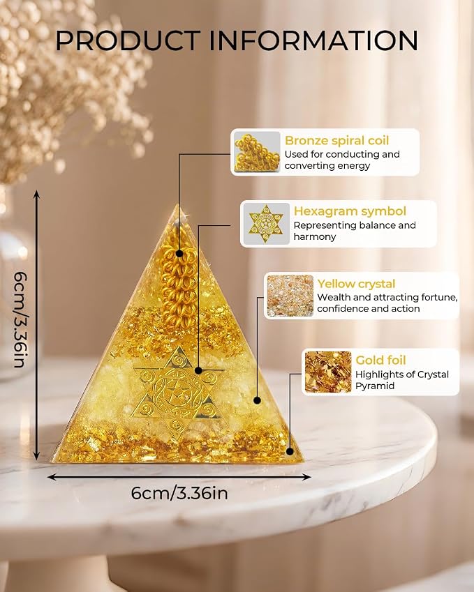 Healing Crystals Orgone Pyramid (Hexagram - Star of David) - Energy Generator for Positive Vibe, Stress Relief & Chakra Reiki Meditation - Spiritual Gift for Success, Wealth & Prosperity (Golden)