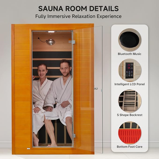 springspa Far Infrared Sauna for Home, Home Indoor Infrared Sauna for 2-Person, Canadian Hemlock Wood Sauna Room with Low Emf Red Light Therapy, 9 Chromotherapy Lights, Bluetooth Speakers
