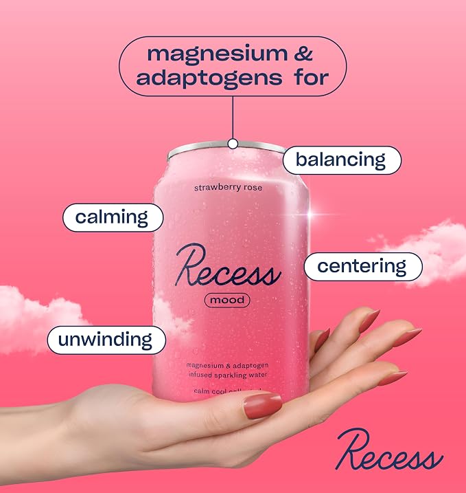 Recess Mood Magnesium & Adaptogen Drink, Relaxation Beverage, 12 ounce (Strawberry Rose, 12 pack)