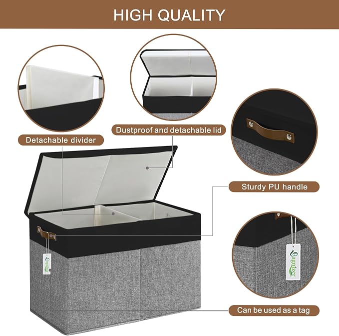 Large Toy Storage Box with Lids, Collapsible Sturdy Baby Storage Organizer Chest Bin Basket for Kids, Boys, Girls, Playroom, Nursery, Bedroom, Closet 25"x13"x16" (Gray and Black)