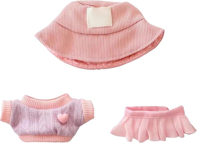 17cm Doll Clothes Outfits - Cozy Knit Top & Beanie Hat for Plush/Blind Box Collectibles (Pink Skirt)