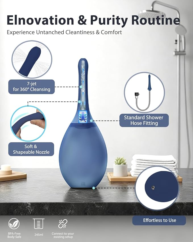 Douche for Men, Douche with 7 Water Outlets & Anti-Backflow Valve, Portable Shower Douche Rinse Kit Cleaning Device(Dark Blue)