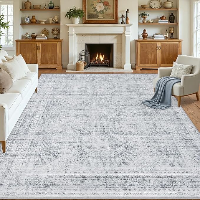 8x10 Area Rugs for Living Room: Vintage Boho Neutral Washable Rug Indoor Soft Large Area Rug Carpet for Bedroom Nursery Farmhouse Dining Room Office Floor Non-Slip Low Pile Under Table Rug Gray