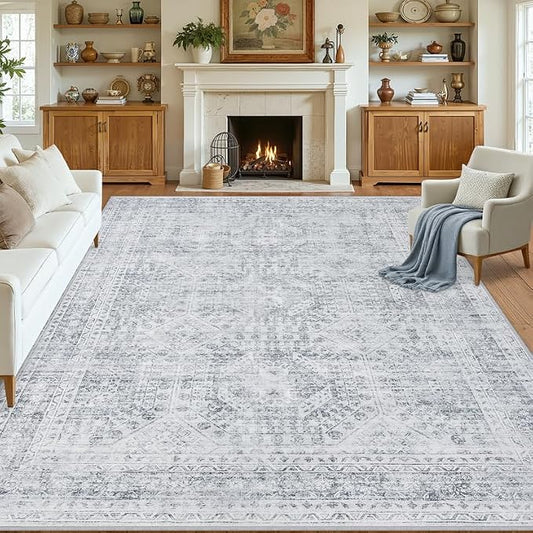 8x10 Area Rugs for Living Room: Vintage Boho Neutral Washable Rug Indoor Soft Large Area Rug Carpet for Bedroom Nursery Farmhouse Dining Room Office Floor Non-Slip Low Pile Under Table Rug Gray