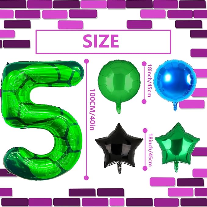 5Pcs Cartoon Turtle Theme Birthday Decorations 40 Inch Number 5 Foil Balloons Super Green Turtle Themed Hero Large Mylar 5th Number Balloon Video Game Pizza Balloons Party Favors Blue