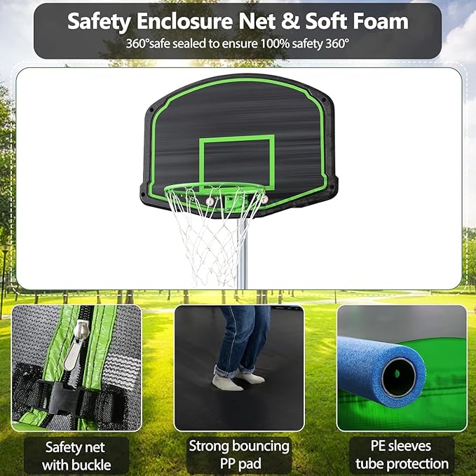 Lyromix 12FT 14FT Trampoline with Slide and Swings, ASTM Approved Outdoor Trampoline with Basketball Hoop and Ladder, Capacity for 5-7 Kids and Adults
