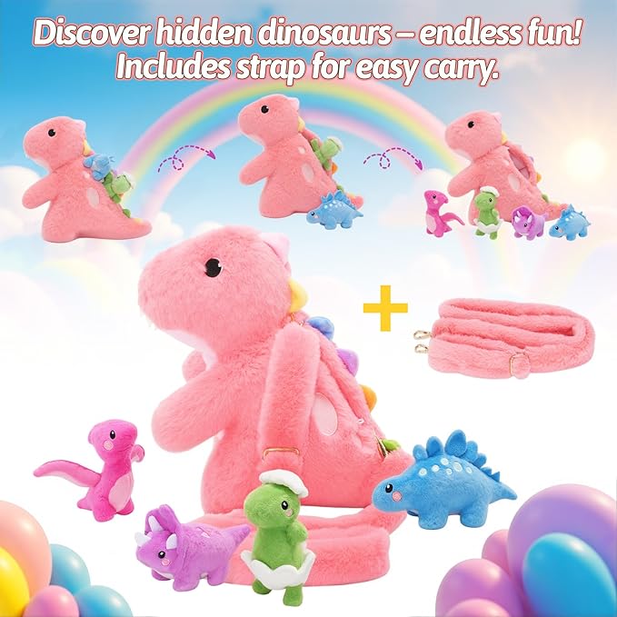 OUOZZZ Pink Dinosaurs Stuffed Animals with 4 Babies Inside - Girl Dinosaur Toy for Girls Dinosaur Plush Birthday Toddler with Shoulder Strap