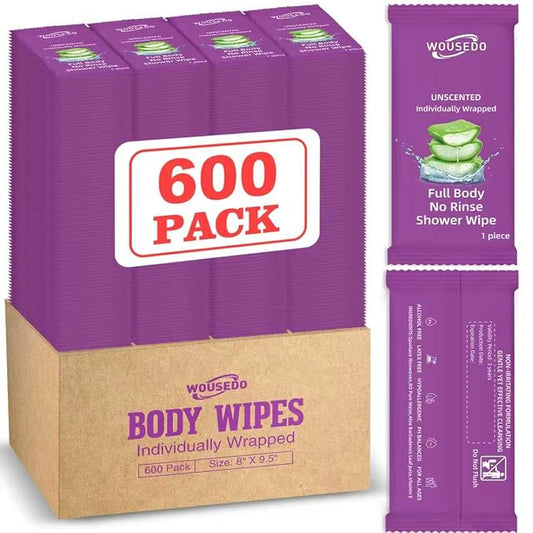 600 Pack Body Wipes Individually Wrapped(8" x 9.5"),Shower Wipe for Adults Bathing No Rinse,Personal Cleansing Wipes for Travel Gym,Bulk Deodorant for Homeless