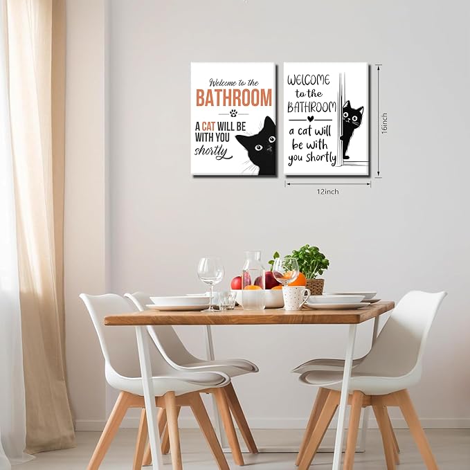 MUWAK Funny Welcome to the Bathroom Slogan Wall Art Set of 2 – Cat will Be With You Shortly Canvas Prints, Funny Bathroom Sign Pictures Wall Decor for Restroom, Washroom – 12x16in