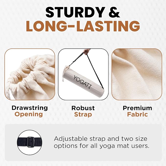 YOGATI® Cotton Yoga Mat Bag with Adjustable Strap | Durable Yoga Bag for Mats, Perfect for Pilates and Fitness Enthusiasts | Can Fit Thick and Even Wide Yoga Mats to Protect and Carry Around - Beige