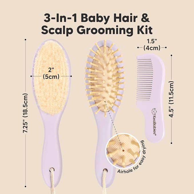 Wooden Baby Hair Brush Set for Newborns, Toddlers - Soft Goat Bristle Baby Brush and Comb Set Newborn Grooming Kit for Cradle Cap Care, Durable & Gentle, Boy, Girl Infant Essentials (Regular, Thistle)
