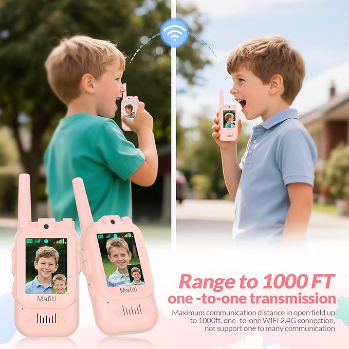 Mafiti Video Walkie Talkies for Kids 2 Pack Rechargeable Birthday Gift Toddler Toys for 3 4 5 6 7 8 Year Old Boys Girls 1000 Feets Long Range Indoor Outdoor Play(Pink+Pink)
