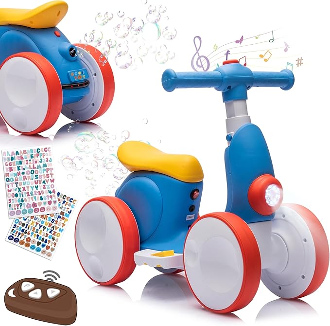 Electric Baby Balance Bike with Bubble Machine for 1 Year Old Boys Girls 4 in 1 Toddler Balance Bike 12-48 Month Kids Bubble Bike Ride Toys First Birthday Gift with Powered Motor,Music,LED Lights