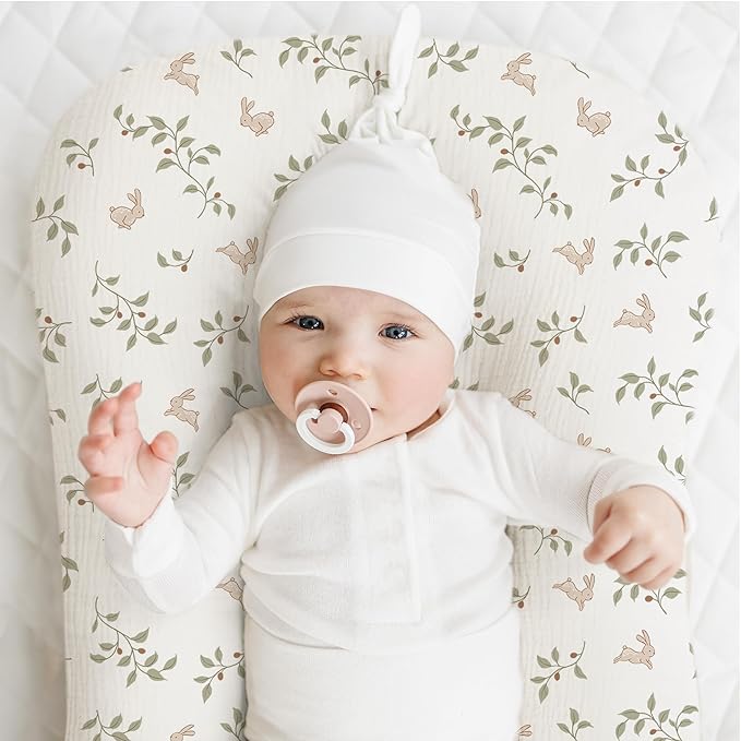 Konssy Muslin Baby Lounger Cover 2 Pack, 100% Cotton Newborn Lounger Cover, Soft and Breathable Baby Nest Slipcover for Boys Girls (Rabbit,Fog Green)