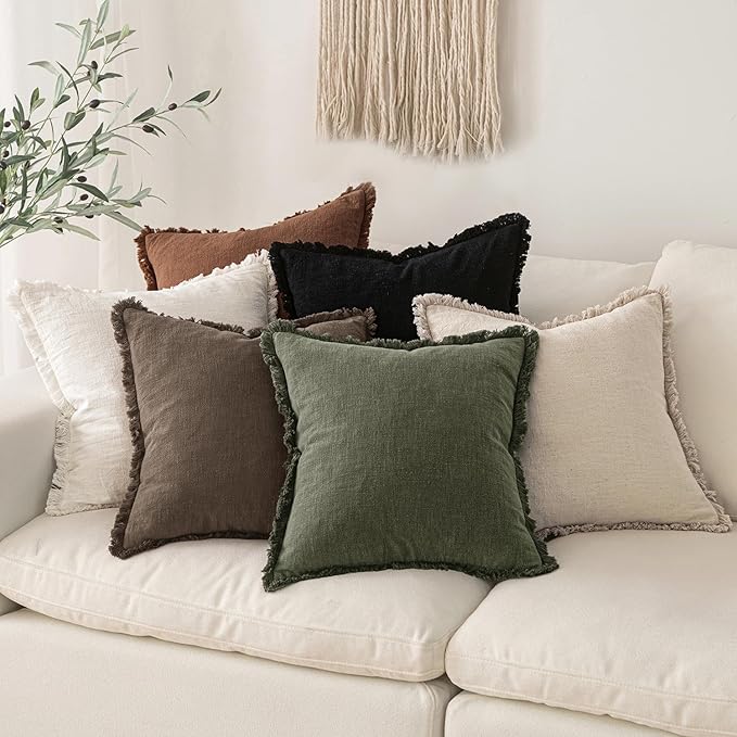 MIULEE Linen Fringe Decorative Euro Pillow Covers Chocolate Brown 24x24 | Set of 2, Cottagecore Decor, Boho Farmhouse Neutral Throw Pillow Covers, Rustic Fall Couch Cushions for Sofa Bed Living Room