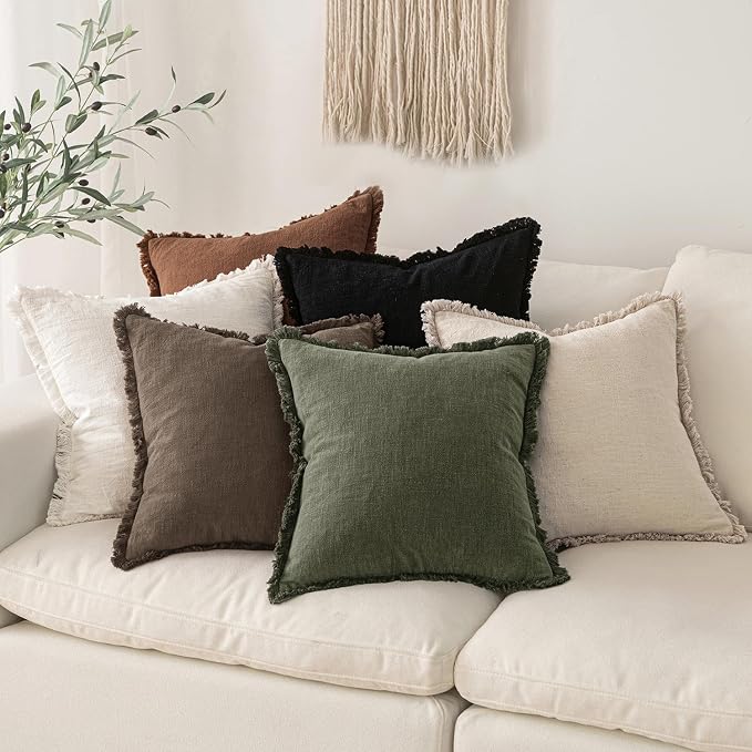 MIULEE Linen Fringe Decorative Euro Pillow Covers Chocolate Brown 22x22 | Set of 2, Cottagecore Decor, Boho Farmhouse Neutral Throw Pillow Covers, Rustic Fall Couch Cushions for Sofa Bed Living Room