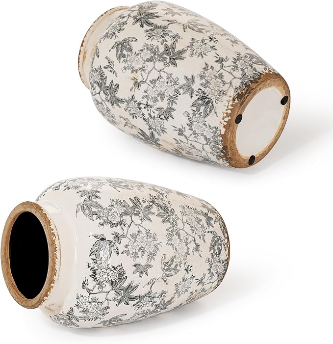 Sungmor Ceramic Flower Vase, Vintage Grey Ice Cracked Glaze Porcelain Vase | Pretty Home Decor Vase for Flower Arrangement, Fresh Flowers, 10.2 Inch Tall Chinoiserie Pottery Vase, Green Floral Pattern