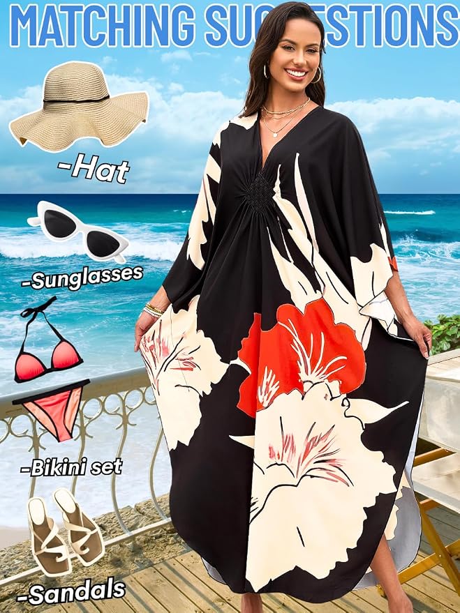 ChiaoLezhee Print Moo-Moos for Women, Kaftan Cover-Up Dresses, Sexy V-Neck High-Slit, Beach Pool-Party Coverups Muumuu Plus