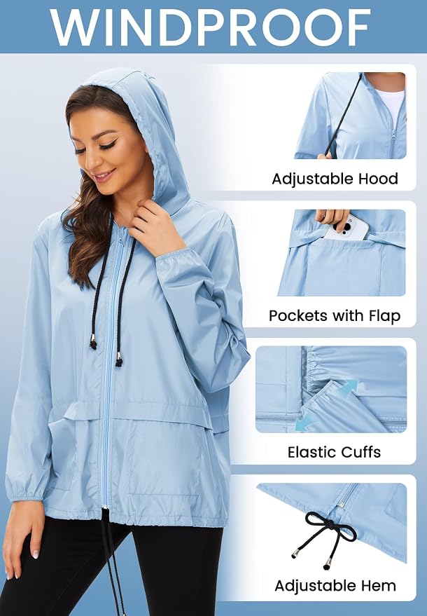 Zando Lightweight Rain Jacket Women Packable Waterproof Raincoat with Hood | Windbreaker Jacket Women, Light Raincoats for Drizzle, Rain Coats for Travel, Hiking and Commute
