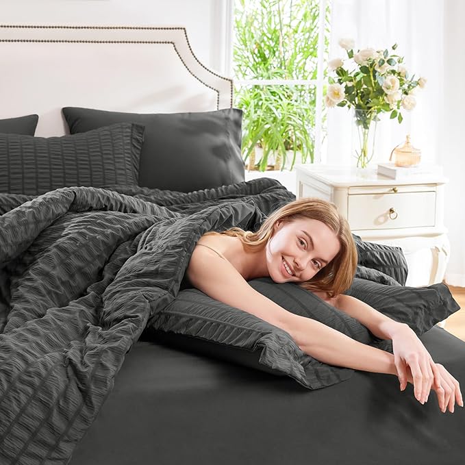 CozyLux Full Size Comforter Sets with Sheets 7 Pieces, Dark Grey Seersucker Bed in a Bag Textured Luxury Soft Dark Gray Bedding Set Down Alternative Comforter, Sheets, Pillowcases & Shams All Seasons
