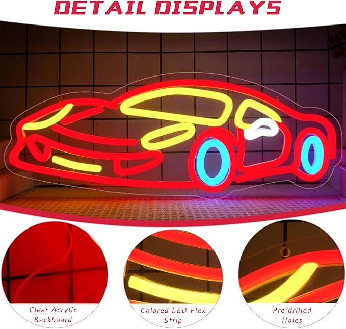 Racing Toy Neon Sign Kids Toy Car Themed Neon Light Dimable Led Car Sign Brighten Your Child's Playroom Game Room Car Room With This Glowing Racing Car Decor Birthday Party Gifts(16.5 * 6.1in)