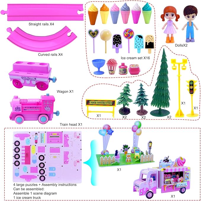 Pink Classic Train Sets for Toddlers|Musical Electric Train Toys with DIY Ice Cream Truck 3D Foam Puzzles Party Scene Building Kit for Girls Boys 3-5 Years Old Parent-Child Interaction Birthday Gift-A