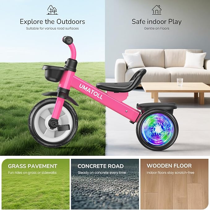 Umatoll Tricycle for Toddlers 2-5 Year Old, Ajustable Toddler Bike Outdoor Toys, Birthday Gift for Girl Boy Age 2-4, Trike with Light up Wheels (Rose)